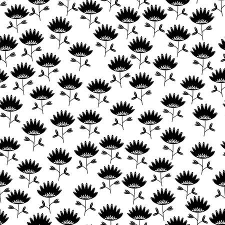 Seamless floral pattern based on traditional folk art ornaments. Black flowers on white background. Scandinavian style. Sweden nordic style. Vector illustration for fabric, textile, wallpaper.のイラスト素材