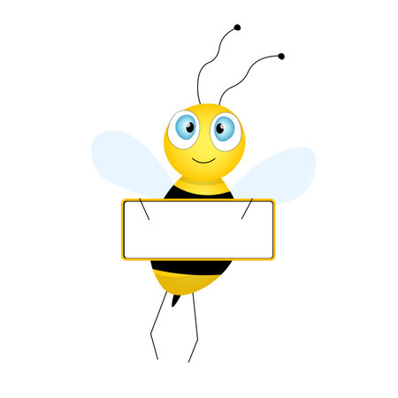 Cartoon cute bee mascot. Merry bee with an empty table. Small wasp. Vector character. Insect icon. Holiday template design for invitation, cards, wallpaper, school, kindergarten. Copy space.のイラスト素材