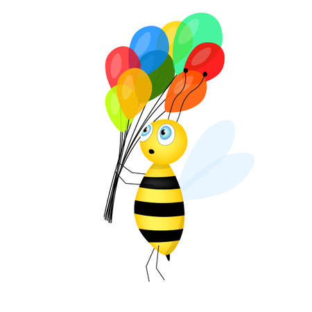 Seamless pattern with Cartoon cute bee mascot. A cheerful bee with colorful balloons on grid paper background. Small wasp. Vector character. Insect icon. Holiday design for invitation, cards, school.のイラスト素材