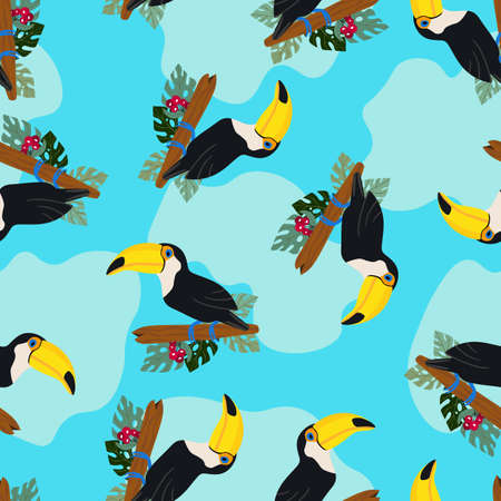 Seamless pattern with cute cartoon toucan bird on branch. Vector illustration for wallpaper, fabric, textile. Summer exotic print. Tropical toucan with floral monstera leavesのイラスト素材