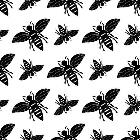Seamless pattern with bees silhouette on white background. Adorable cartoon wasp character. Template design for invitation, cards, textile, fabric. Flat style. Vector stock illustration.のイラスト素材