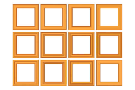 Big set of squared golden vintage wooden frame for your design. Vintage cover. Place for text. Vintage antique gold beautiful rectangular frames. Template vector illustration.のイラスト素材