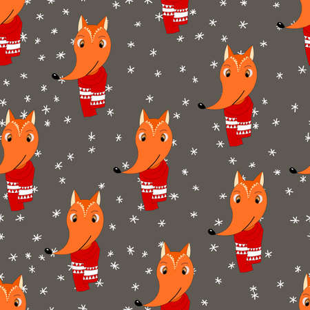 Seamless pattern with cute animal face on color background. Fox in a winter scarf. Merry Christmas and New year vector illustration for fabric, textile wallpaper, poster, gift wrapping paper.のイラスト素材