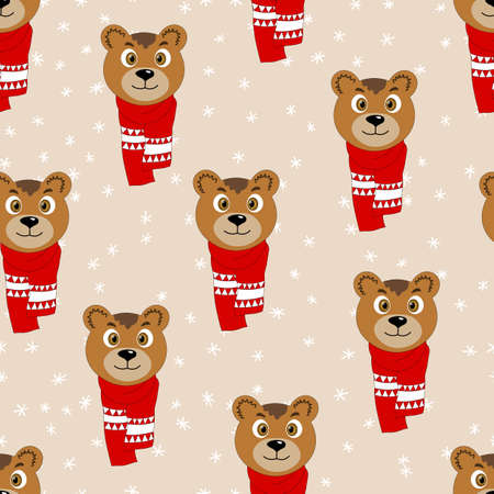 Seamless pattern with cute animal face on color background. Bear in a winter scarf. Merry Christmas and New year vector illustration for fabric, textile wallpaper, poster, gift wrapping paper.のイラスト素材