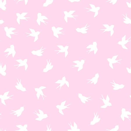 Seamless pattern with white swallow silhouette on pink background. Cute bird in flight. Vector illustration. Doodle style. Design for invitation, poster, card, fabric, textile.のイラスト素材