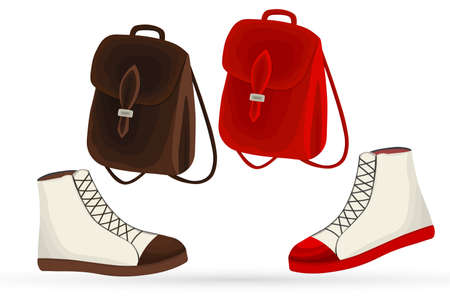 Backpack and boots in a flat style. Set with leather bags and shoes. Autumn fashion accessory for for pupil, student, girl. Isolated icon. Casual style. Vector illustration.のイラスト素材