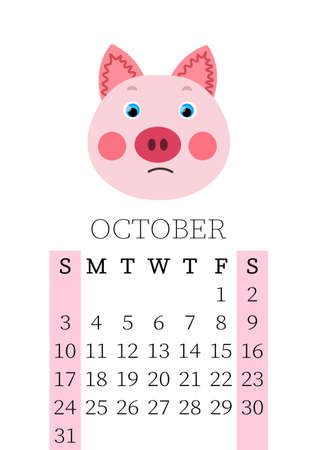 Calendar 2021. Monthly calendar for October 2021 from Sunday to Saturday. Yearly Planner. Templates with cute hand drawn face animals. Vector illustration. Great for kids. Calendar page for print.のイラスト素材