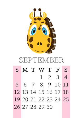 Calendar 2021. Monthly calendar for September 2021 from Sunday to Saturday. Yearly Planner. Templates with cute hand drawn face animals. Vector illustration. Great for kids. Calendar page for print.のイラスト素材