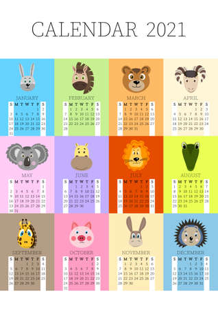 Calendar 2021. Monthly calendar 2021 from Sunday to Saturday. Yearly Planner. Templates with cute hand drawn face animals. Vector illustration. Great for kids. Calendar page for print.のイラスト素材