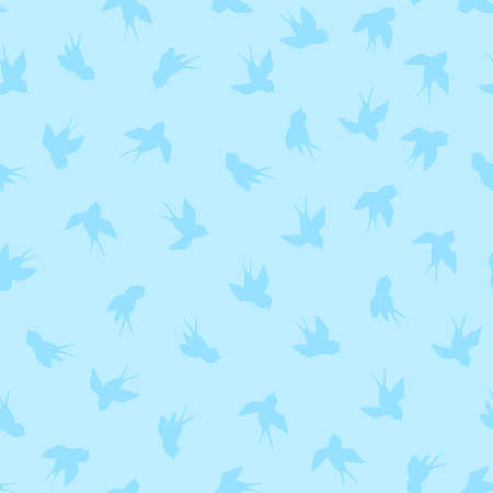 Seamless pattern with white swallow silhouette on blue background. Cute bird in flight. Vector illustration. Doodle style. Design for invitation, poster, card, fabric, textile.のイラスト素材