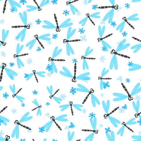 Seamless pattern with color dragonfly and flowers on white background. Romantic vector illustration. Adorable cartoon character. Template design for invitation, textile, fabric. Doodle styleのイラスト素材