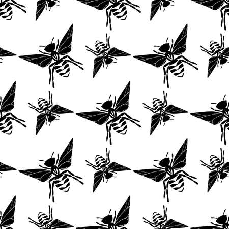 Seamless pattern with bees silhouette on white background. Adorable cartoon wasp character. Template design for invitation, cards, textile, fabric. Flat style. Vector stock illustration.のイラスト素材