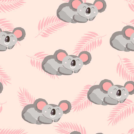Seamless pattern with cute koala baby and leaves on color background. Funny australian animals. Card, postcards for kids. Flat vector illustration for fabric, textile, wallpaper, poster, paper.のイラスト素材