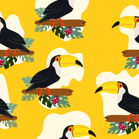 Seamless pattern with cute cartoon toucan bird on branch. Vector illustration for wallpaper, fabric, textile. Summer exotic print. Tropical toucan with floral monstera leavesのイラスト素材