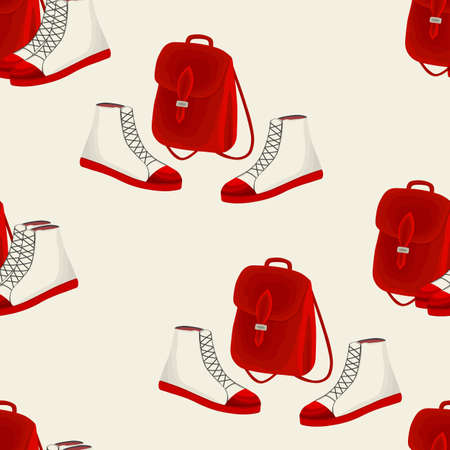 Seamless pattern with backpack and boots in a flat style. Leather bags and shoes. Autumn fashion accessory for for pupil, student, girl in casual style. Vector illustration for fabric, textile, posterのイラスト素材