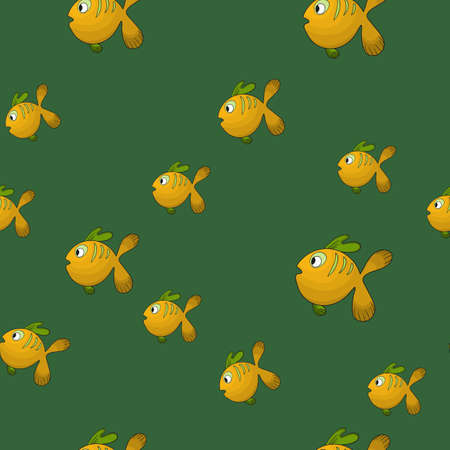 Seamless pattern with cute fish on green background. Vector cartoon animals colorful illustration. Adorable character for cards, wallpaper, textile, fabric. Flat style.のイラスト素材