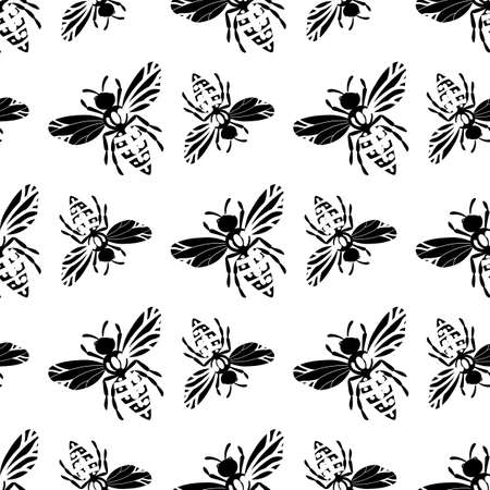 Seamless pattern with bees silhouette on white background. Adorable cartoon wasp character. Template design for invitation, cards, textile, fabric. Flat style. Vector stock illustration.のイラスト素材