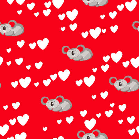 Seamless pattern with cute koala baby and hearts on color background. Funny australian animals. Card, postcards for kids. Flat vector illustration for fabric, textile, wallpaper, poster, paper.のイラスト素材