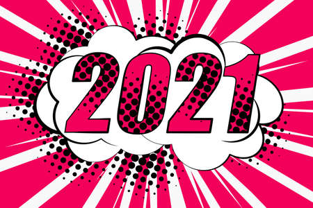 Colorful background with 2021 speech bubbles. Pop art creative concept New Year comic book magazine cover. Cartoon halftone retro pattern. Abstract template design, empty bubble.のイラスト素材