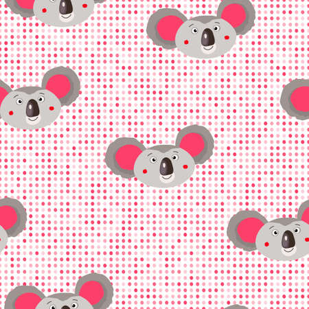 Seamless pattern with cute koala baby and hearts on white polka dots background. Funny australian animals. Card, postcards for kids. Flat vector illustration for fabric, textile, wallpaper, paper.のイラスト素材