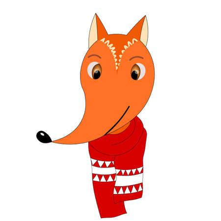 Colorful cute vector fox face in a winter scarf. One object on a white background. Cartoon flat illustration. Emoji funny animal. Embarrassed smile emotion. Template icon, sticker.のイラスト素材