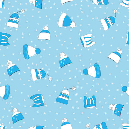 Winter seamless pattern with winter hats on blue background. Cute vector winter warm knitted clothes in cartoon style. Christmas vector illustration. Holiday design for fabric, textile, wallpaper.のイラスト素材