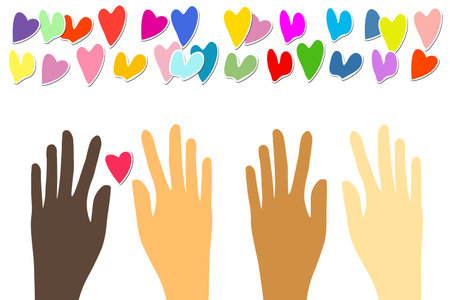 Hands and hearts. Template holiday pattern, vector illustration. People wiht different skin tone. Design for card, postcard, poster, print, banner. Cartoon colorful hearts on white background.のイラスト素材
