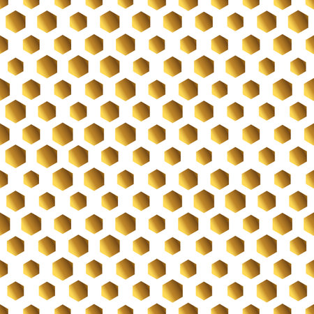 Golden background with honeycomb shapes. Seamless pattern with glitter effect. Template texture for invitation, poster, card, banner, announcements and others. Vector illustration.のイラスト素材