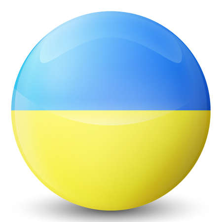 Glass light ball with flag of Ukraine. Round sphere, template icon. Ukrainian national symbol. Glossy realistic ball, 3D abstract vector illustration highlighted on a white background. Big bubble.のイラスト素材