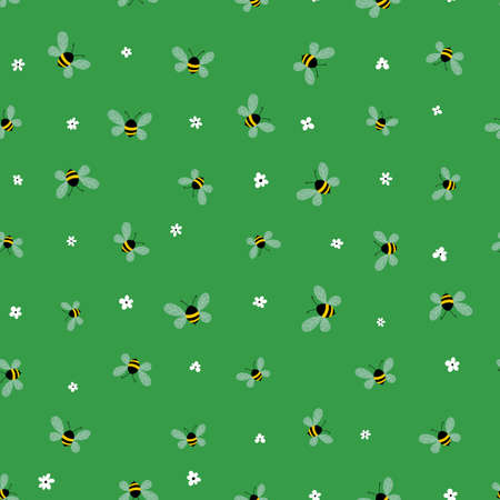 Seamless pattern with bees and flowers on green background. Adorable cartoon wasp characters. Template design for invitation, cards, textile, fabric. Doodle style. Vector stock illustrationのイラスト素材