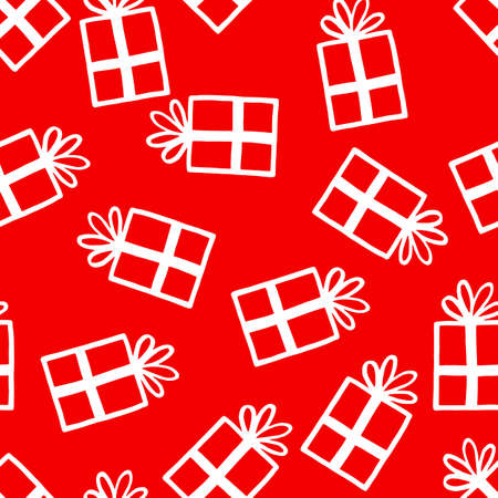 Holiday seamless pattern with present on color background. Vector illustration for Birthday, Merry Christmas, New year. Template design for invitation, poster, card, fabric, textile. Doodle style.のイラスト素材