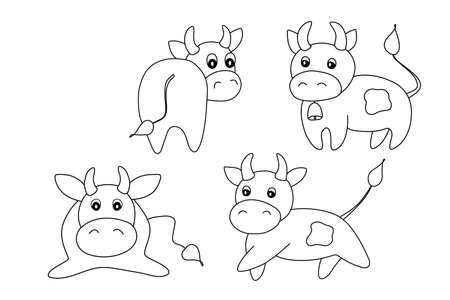Coloring Pages. Coloring Book for kids. Animal set with bulls. New Year and Christmas vector illustration. Template adorable character for your design. Cute cow. Symbol 2021.のイラスト素材