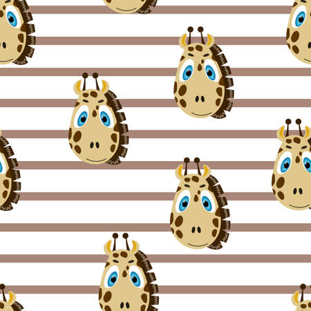 Vector flat animals colorful illustration for kids. Seamless pattern with cute giraffe face on white striped background. Adorable cartoon character. Design for card, poster, fabric, textile.のイラスト素材