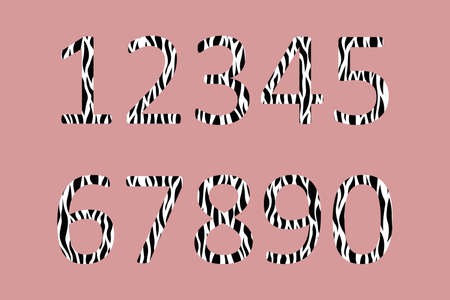 Decorative black and white numbers with animal ornament. Zebra skin. Textured curved lines effect with imprint appearance. Template design for card, poster, banner. Vector isolated fashion font.のイラスト素材