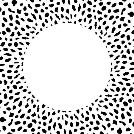 Black and white frame. Round decorative border with animal ornament. Cow skin. Copy space. Fashion board. Template design for card, poster, banner. Vector illustration.のイラスト素材