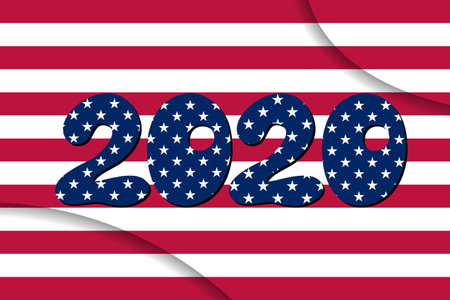 USA vote 2020.Text with American flag inside the text. Vector illustration on striped background....