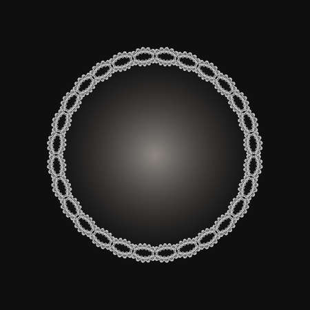 White frame with lace ornament in circle on black background. Art deco. Luxury round mandala, hand draw design. Ethnic motif. Abstract vector illustration.Template design for invitation, poster, card.のイラスト素材