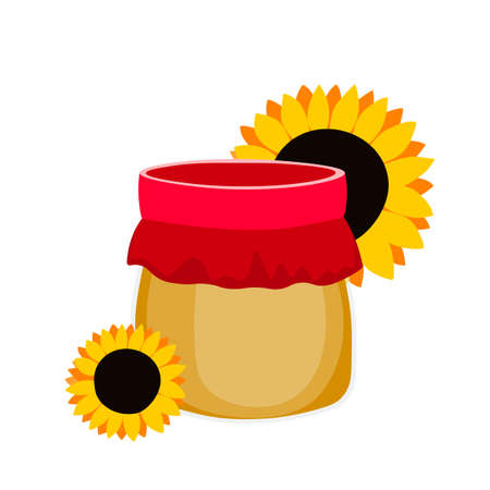 Jar with honey and flowers isolated on white background. Orange sunflower. Cartoon style. Colorful flat vector illustration.のイラスト素材