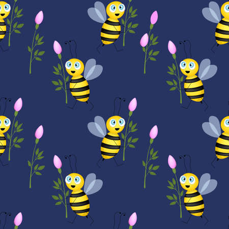 Seamless pattern with bees and flowers on blue background. Vector illustration. Adorable cartoon character.  Bee with rose. Flat style.のイラスト素材