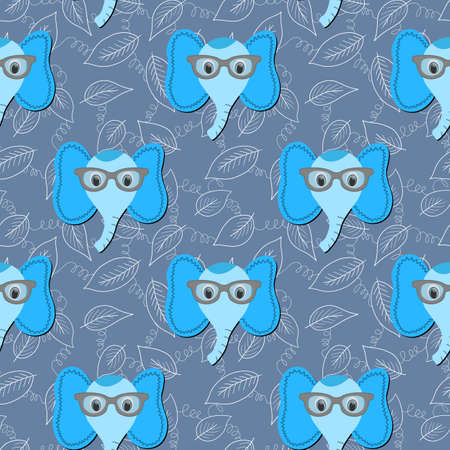 Seamless pattern with cute blue elephant face in sunglasses on floral background. Vector flat animals colorful illustration for kids. Adorable cartoon character. Design for card, fabric, textile.のイラスト素材