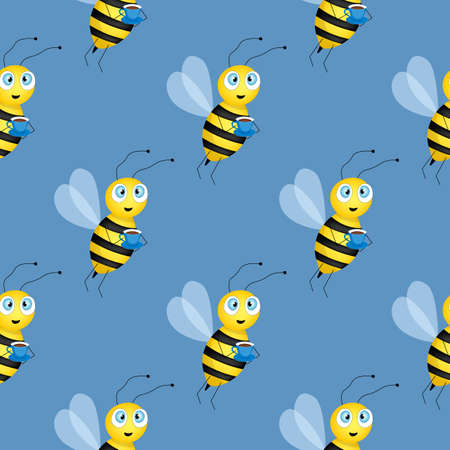 Seamless pattern with bees on blue background. Small wasp. Vector illustration. Adorable cartoon character. Design for invitation, cards, textile, fabric. Bee with cup of tea.のイラスト素材