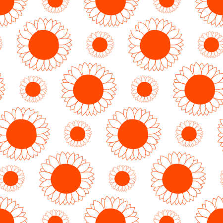 Floral summer seamless pattern with orange sunflowers silhouette on white background. Cartoon style. Design for fabric, textile, posters, card, paper. Hand drow flowers. Vector illustration.のイラスト素材