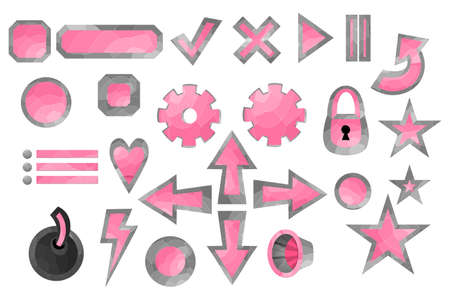 Big set of gaming elements isolated on white background. 2D design for computer game. Symbols and icons. Collection of buttons play for games and app. Pink and gray stone button. Cartoon interface.のイラスト素材