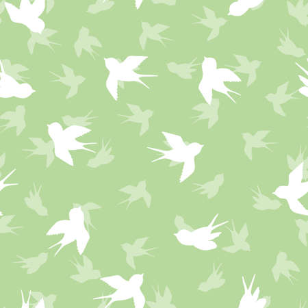 Seamless pattern with white swallow silhouette on green background. Cute bird in flight. Vector illustration. Doodle style. Design for invitation, poster, card, fabric, textileのイラスト素材