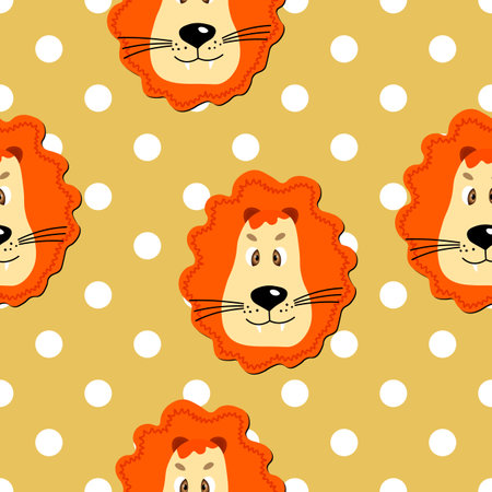 Vector flat animals colorful illustration for kids. Seamless pattern with cute lion face on yellow polka dots background. Adorable cartoon character.Design for textures, card, poster, fabric, textile.のイラスト素材