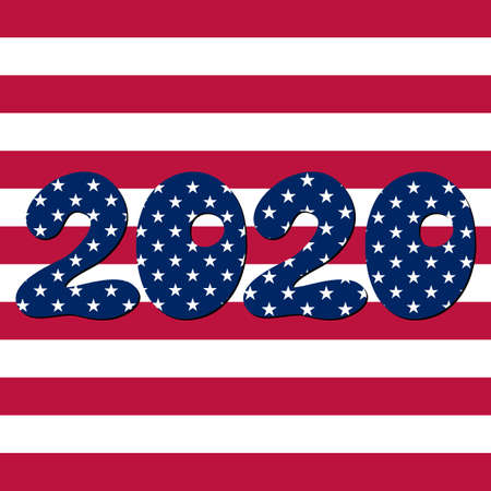 USA vote 2020.Text with American flag inside the text. Vector illustration on striped background. American flag in letters. National emblem. Patriotic illustration.のイラスト素材