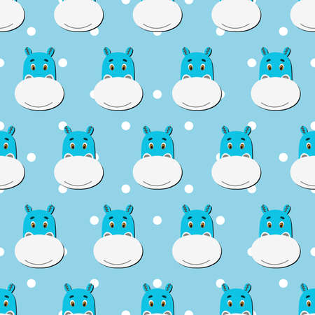 Vector flat animals colorful illustration for kids. Seamless pattern with cute hippopotamus face on blue polka dots background. Adorable cartoon character. Design for card, poster, fabric, textile.のイラスト素材