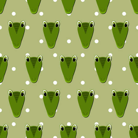 Vector flat animals colorful illustration for kids. Seamless pattern with cute crocodile face on green polka dots background. Adorable cartoon character. Design for card, poster, fabric, textile.のイラスト素材