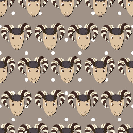 Vector flat animals colorful illustration for kids. Seamless pattern with ram face on beige polka dots background. Cute sheep. Adorable cartoon character. Design for textures, card, fabric, textile.のイラスト素材