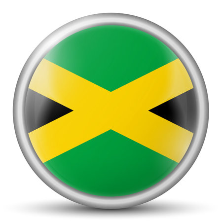 Glass light ball with flag of Jamaica. Round sphere, template icon. Jamaican national symbol. Glossy realistic ball, 3D abstract vector illustration highlighted on a white background. Big bubble.のイラスト素材